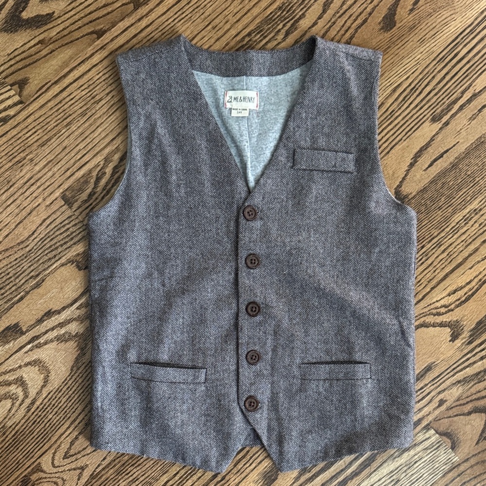 Me & Henry Victor Beige Tweed Herringbone Button-Up Vest - layer, dressy, fall